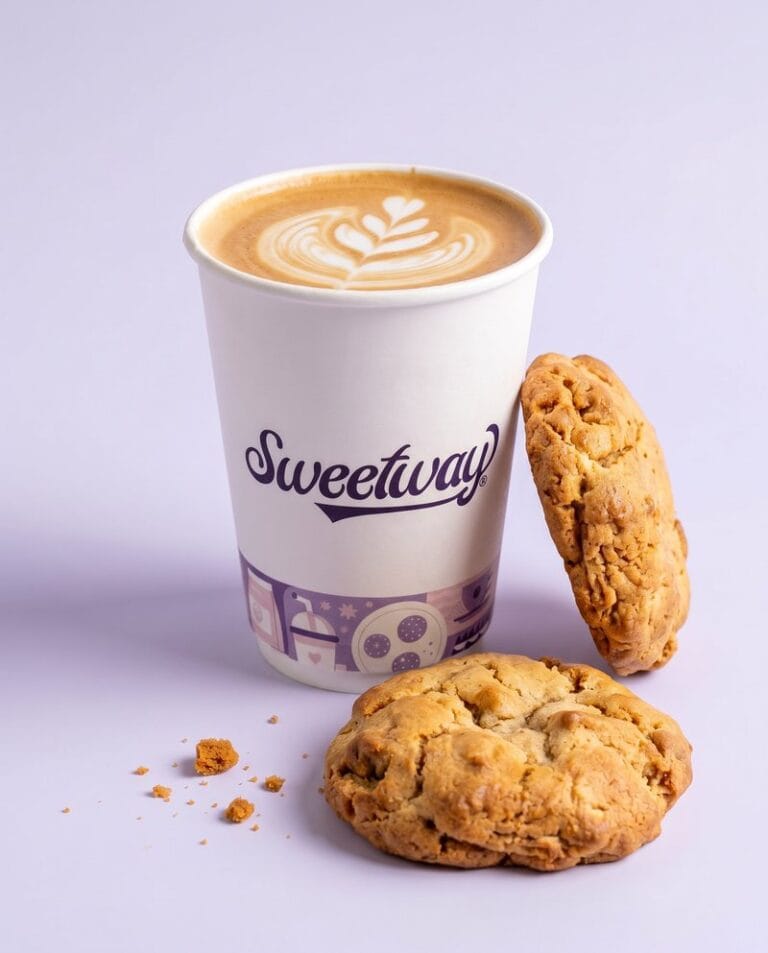 Sweetway takeaway latte next to a chunky cinnamon cookie